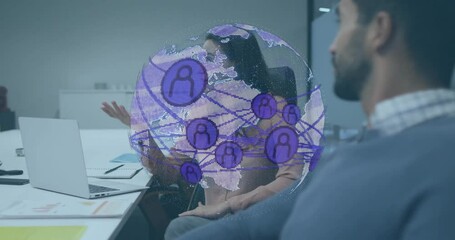 Poster - Female speaker leading discussion in meeting as purple globe spinning illustrating connectivity