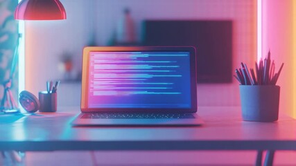 Cyberpunk Coding Session: Laptop Displaying Lines of Code in a Retro-Futuristic Room