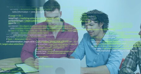Poster - Two developers note-taking and pointing at laptop code, coding meeting with drifting code lines