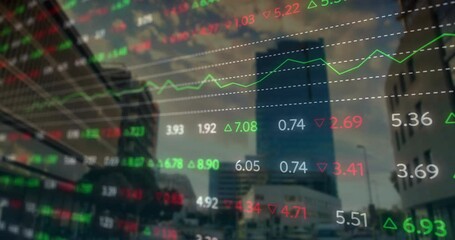 Poster - On start, stock ticker overlay animating over tower updating arrows and graph to show volatility