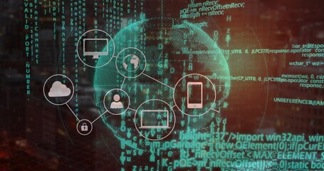 Poster - Opening on blurred skyline with green code, wireframe globe rotating and icons connecting ecosystem