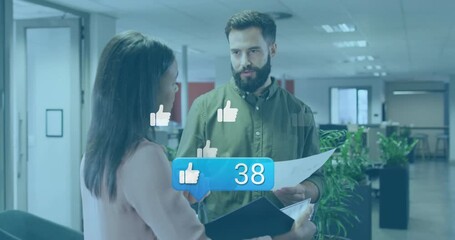 Poster - Male holding paper and woman pointing folder while business overlay appearing boosting likes count