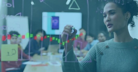 Poster - Presenter holding green marker drawing bars on glass with line graph rising showing finance trend