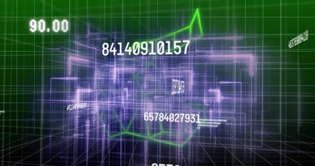 Poster - On data input, wireframe cluster rotating and labels refreshing while green polyline tracing growth