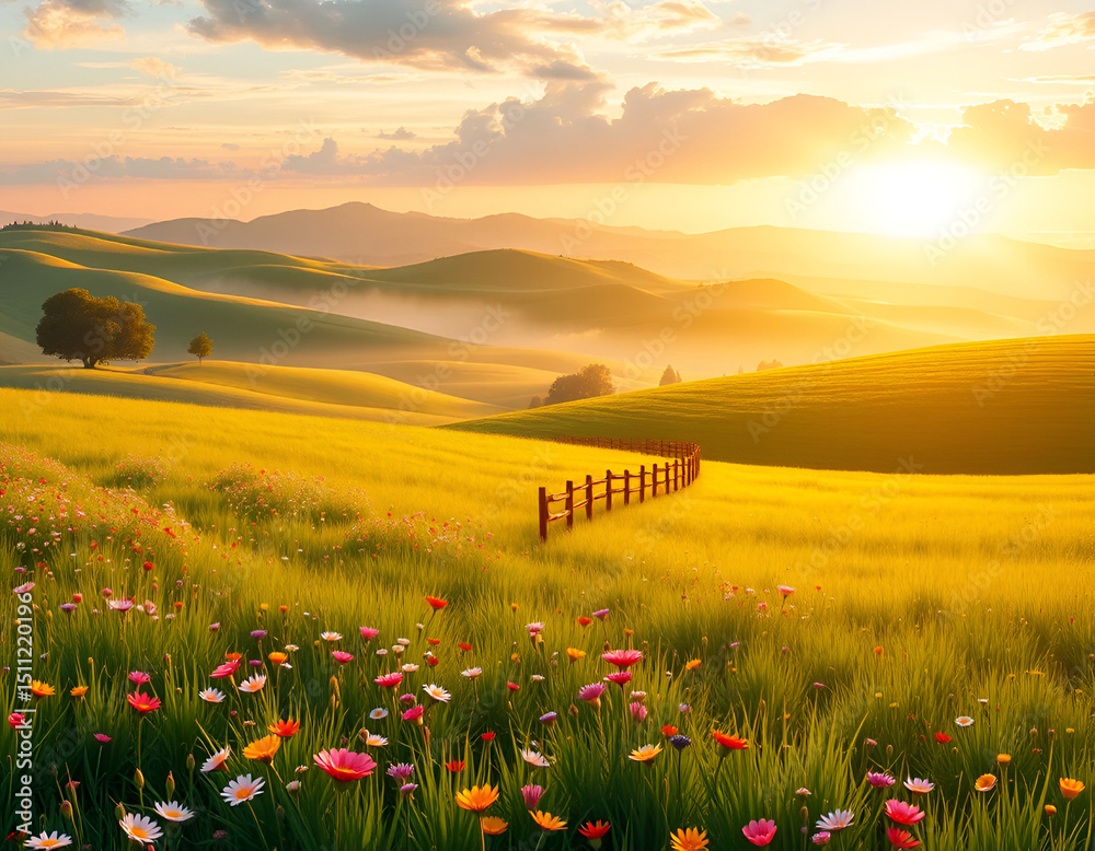Peaceful Countryside Meadow at Golden Hour – Hyper-Realistic Nature ...
