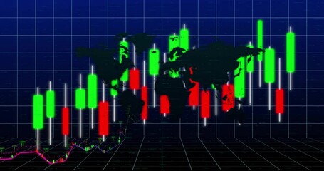 Poster - Opening grid showing world map flickering colored candlesticks turning to arrow showing market rise