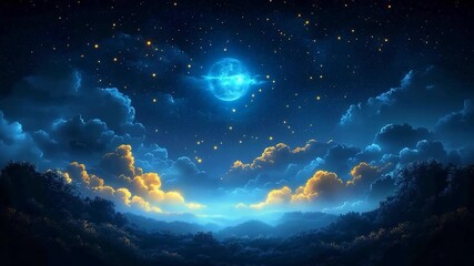 Wall Mural - a mesmerizing night scene with a large glowing moon in the center surrounded by clouds and stars ove