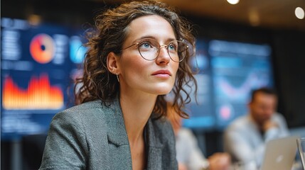 Poster - Successful Woman Reviewing Statistics in Business Conference Setting