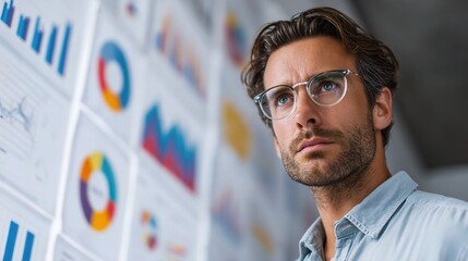 Poster - Businessman in Glasses Analyzing Charts and Data on Screen