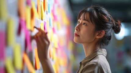Poster - Female Board Member Pinning Notes to Strategy on Office Wall