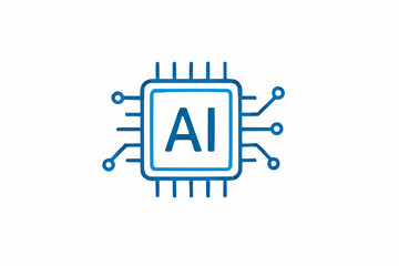 Fototapete - Illustration of a blue ai chip with connections on a white background in a simple line drawing style
