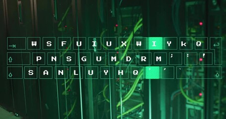 Poster - Translucent wireframe keyboard fading into data center bay pulsing keys in sequence for extraction