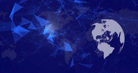 Poster - Polygons emerging from left forming network around rotating globe illustrating network connectivity