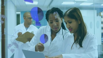 Poster - female scientists inputting lab data on laptop and generating pie charts and bar graphs on glass