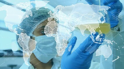Aufkleber - Female scientist raising flask to eye-level inspecting sample as world map hex overlay fading in