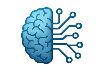 Poster - Blue human brain connecting to a circuit board representing artificial intelligence, machine learning, and technological singularity, on a transparent background