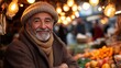 © ek - Charming Elderly Man at a Market Stall with Warm Lights and Produce
