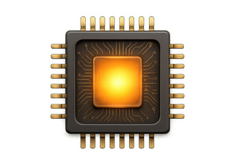 Poster - Glowing microchip with gold pins and circuits on a transparent background, representing computer processing and technology