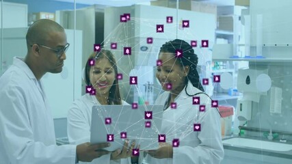 Poster - Scientists pointing laptop screen, activating purple icon network in lab for data analysis