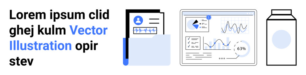 Poster - documents in a folder, data analytics dashboard with charts, and product packaging. ideal for busine