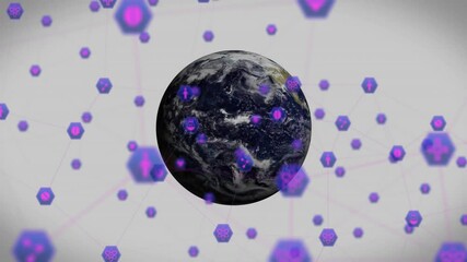 Poster - At start, emerging 3D globe rotating, purple hex icons connecting, visualizing data network