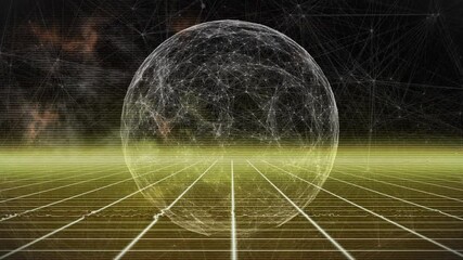 Poster - Horizontal light band initiating data scan, network sphere pulsing nodes and illuminating neon grid