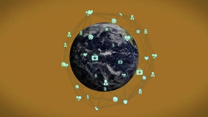 Poster - On launch 3D globe scaling up and rotating while medical icons orbit showing global health network