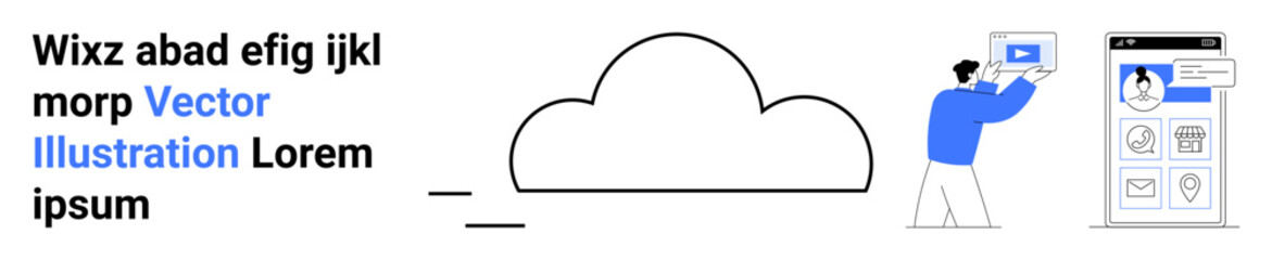 Poster - Man uploading file into cloud storage, with user profile dashboard interface. Ideal for technology, cloud computing, digital storage, networking, online services, data management, simple landing page