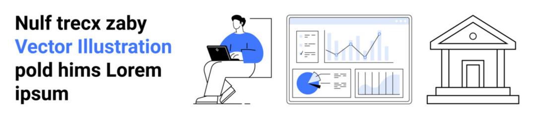 Poster - man using a laptop with data charts, graphs, and a bank icon. ideal for finance, analytics, business