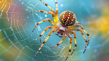 Detailed macro view of a creature on web with water drops showcases intricate details of nature's design and vivid colors against blurred background