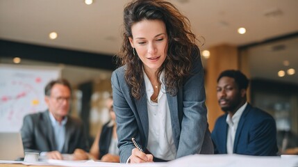 Poster - Professional Woman Leader Engaging with Charts and Team Colleagues