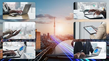 Poster - Collage video of various digital device usage scenes and communication networks