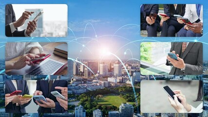 Aufkleber - 様々なスマホ利用シーンと通信ネットワークのコラージュ映像
