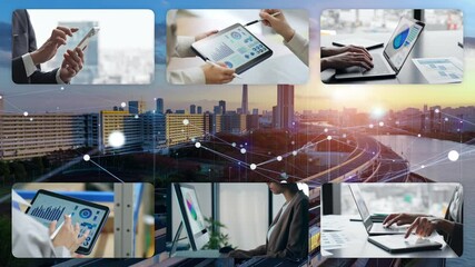 Aufkleber - 様々なデジタルデバイス利用シーンと通信ネットワークのコラージュ映像