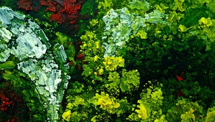 Poster - Close-up abstract oil painting showcasing vibrant green and yellow hues with textured brushstrokes, creating a dynamic and expressive artwork, emphasizing texture and color.