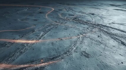 Wall Mural - lunar rover tracks leaving glimmering trails across desolate moonscape, illuminating cosmic dust par
