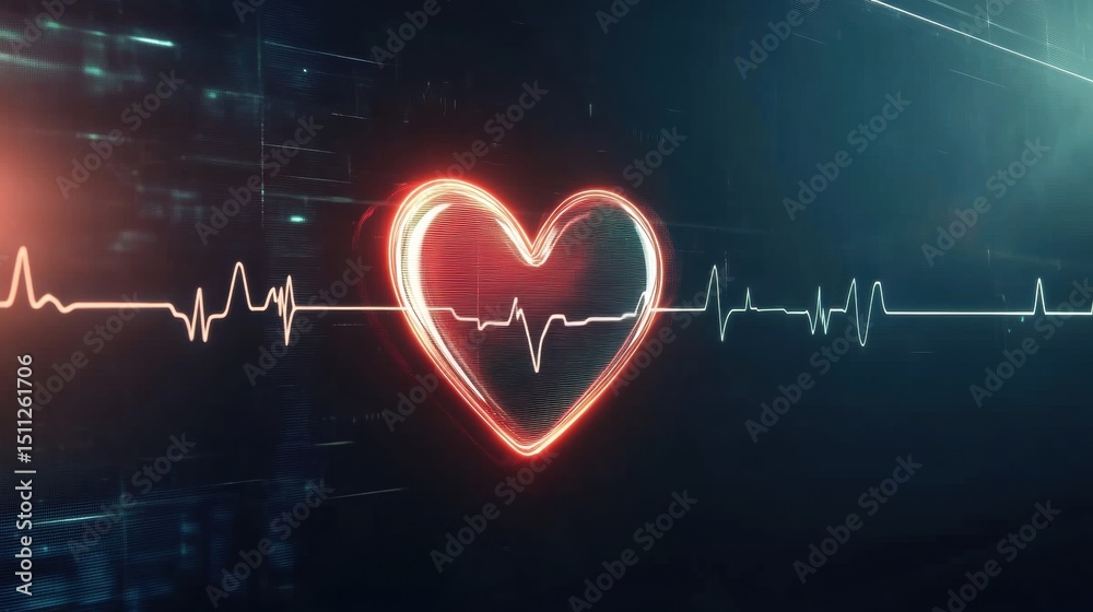 Heartbeat Monitor Display with Glowing Heart and EKG Line