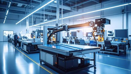 Poster - Industrial factory interior featuring advanced robotic arm operating machinery for production