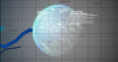 Poster - At start digital globe rotating markers fading text scrolling graphs sliding tracing world trends
