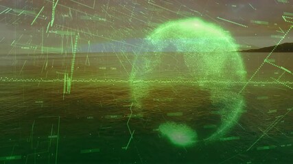 Aufkleber - Shot opening visualizing dusk sea with green waveform pulsing, sphere emerging and data streaming
