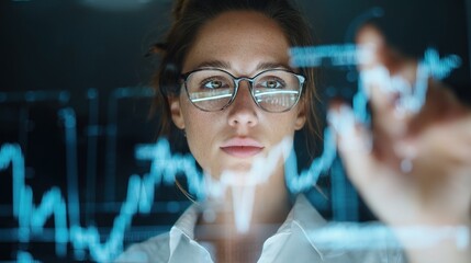 Poster - Female CFO Analyzing Financial Graphs on Transparent Screen