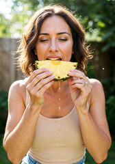 Poster - Brunette woman enjoying a slice of fresh pineapple outdoors