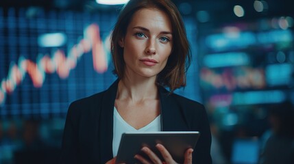 Poster - Confident Businesswoman in Elegant Attire with Digital Tablet