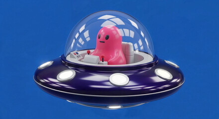 Poster - Pink alien piloting flying saucer in space, exploring the galaxy