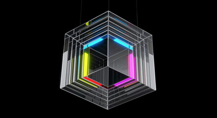 Aufkleber - Cmyk neon lights shining inside glass cube hanging on black background