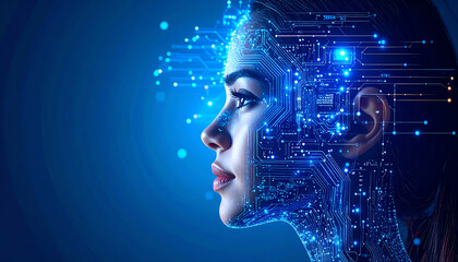 Poster - A futuristic portrait of a woman with digital circuitry patterns illuminating her face, symbolizing the fusion of technology and humanity