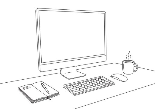 Minimalist Workspace Illustration: Computer, Coffee, Notebook, a