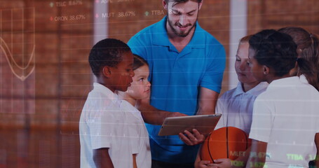 Poster - Image of data processing over diverse schoolchildren and teacher using tablet