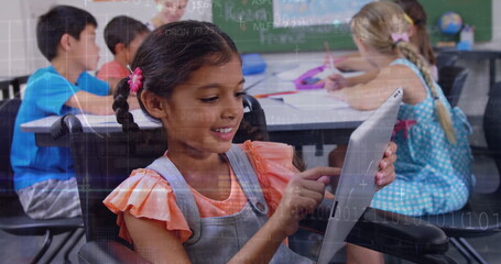 Poster - Image of data processing over diverse schoolchildren and teacher using tablet