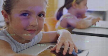 Poster - Image of data processing over caucasian school children with tablets
